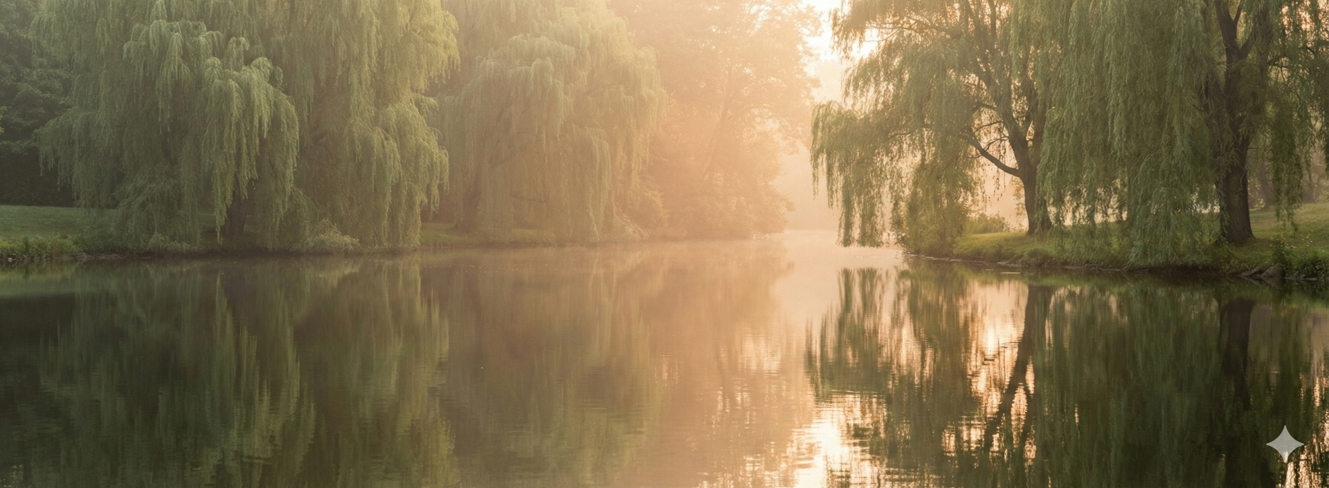 Serene lake with willow trees at sunrise